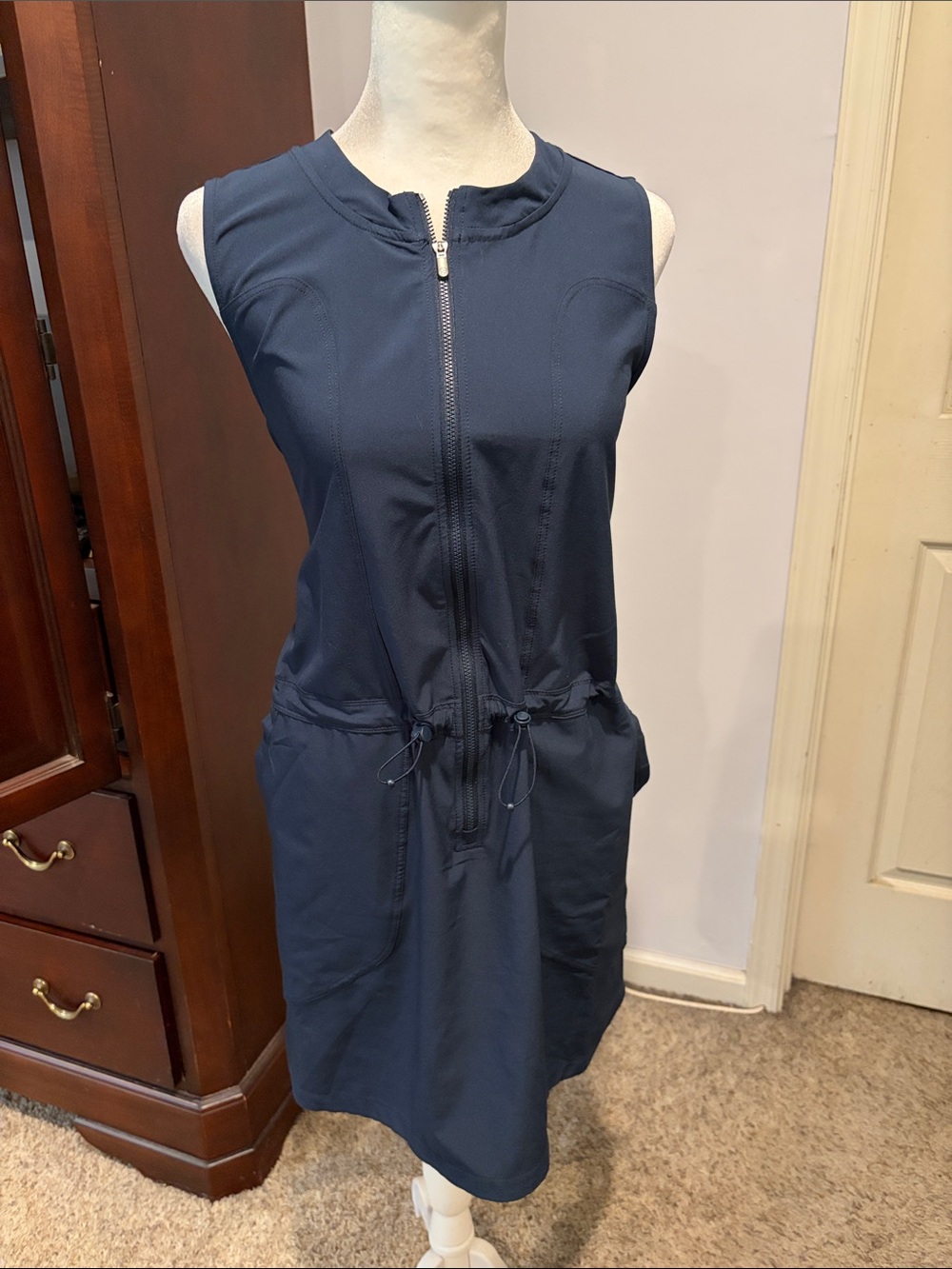 Zella Navy Sleeveless Zip-Front Drawstring Mini Dress